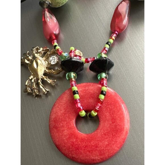 Vintage Exotic Boho Crab Red Jade Necklace 10k Gold Filled Bead CZ Pink Green - Picture 6 of 9